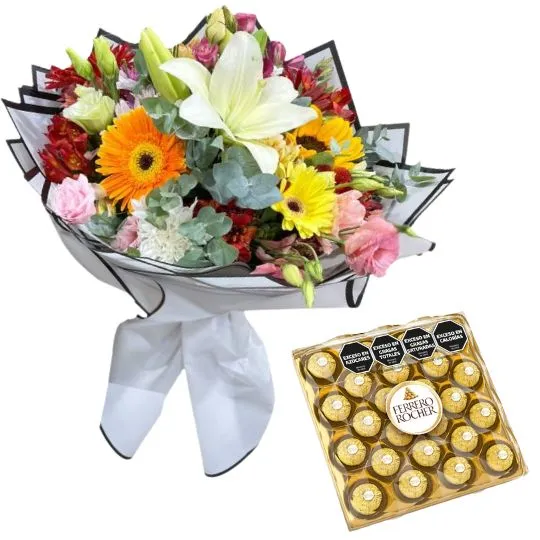 Ramo de flores de estacion con bombones ferrero rocher x24